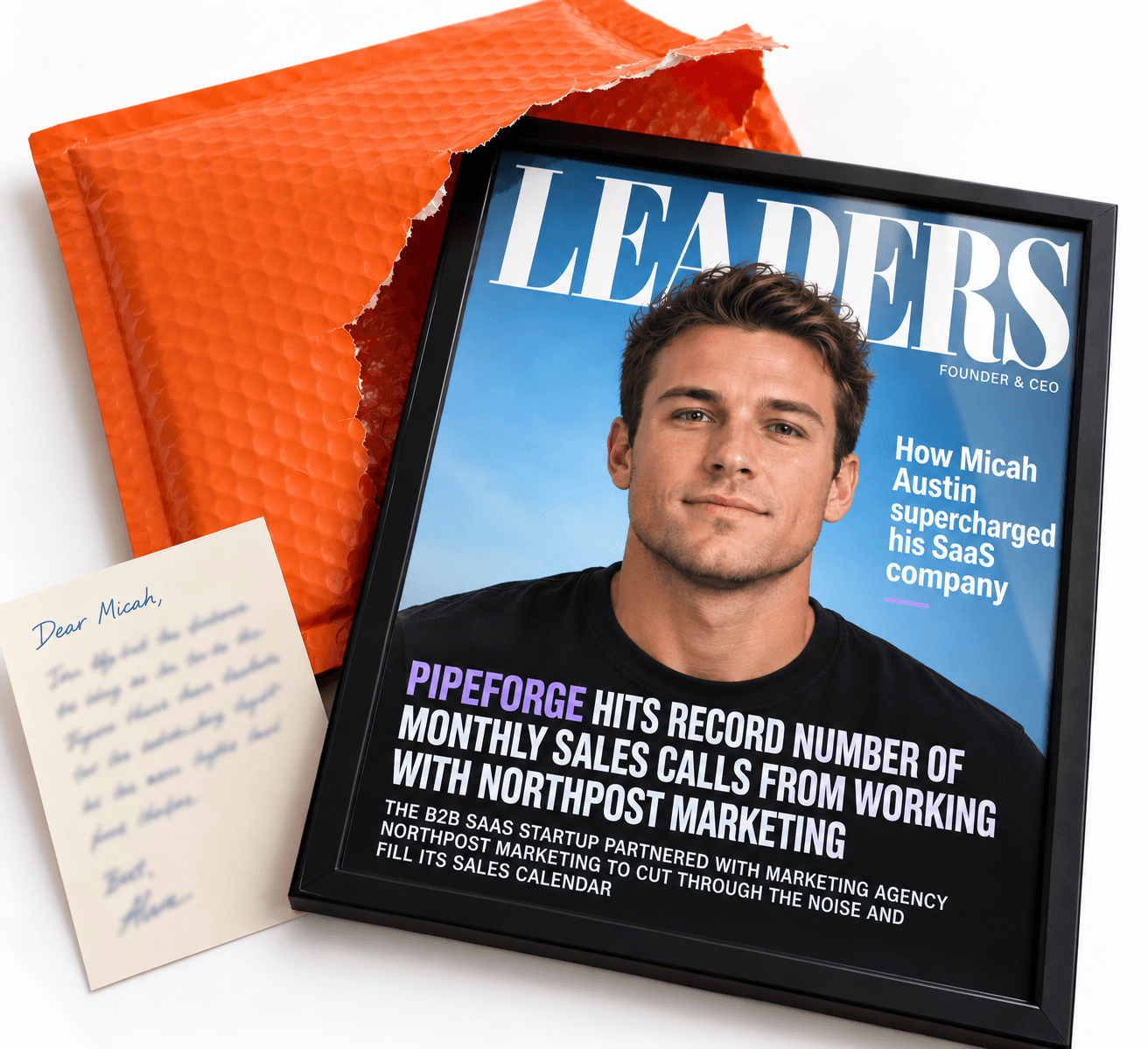 An orange bubble mailer with a framed LEADERS magazine cover starring the prospect, and a handwritten note addressed to the prospect by name.